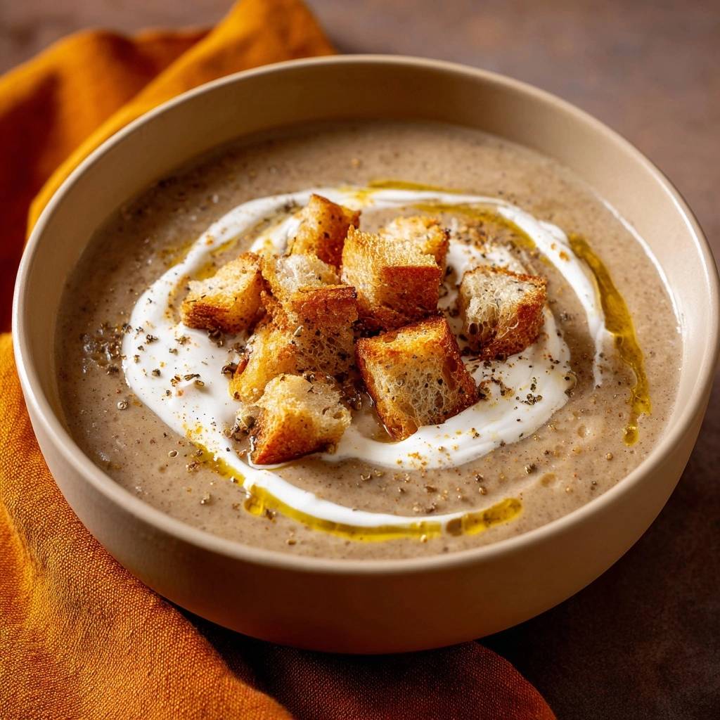 Cremige Pilzsuppe mit Croutons, garniert mit einem Klecks Sahne und einem Schuss Olivenöl