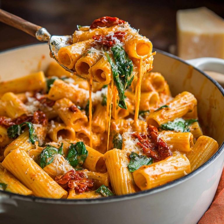 Cremige Rigatoni mit Spinat und Sonnentomaten, ein Löffel mit der köstlichen Sauce wird aus der Pfanne gehoben.