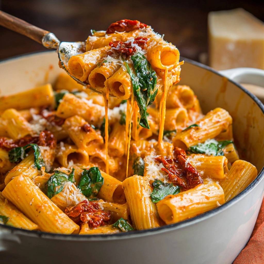 Cremige Rigatoni mit Spinat und Sonnentomaten, ein Löffel mit der köstlichen Sauce wird aus der Pfanne gehoben.