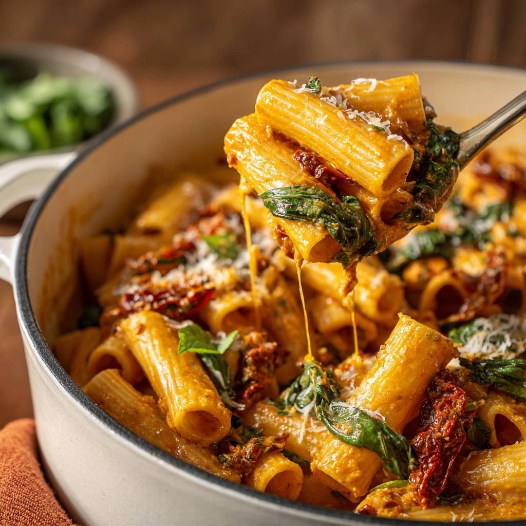Cremige Rigatoni mit Spinat und Sonnentomaten, nahaufnahme mit schmelzendem Käse und frischen Kräutern.