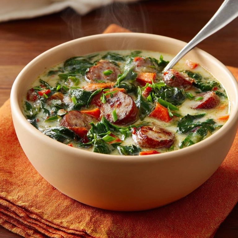 Cremige Spinat-Süßkartoffel-Wurst-Suppe mit detaillierter Nahaufnahme der Würstchen und des Gemüses in einer hellbeigen Schüssel.