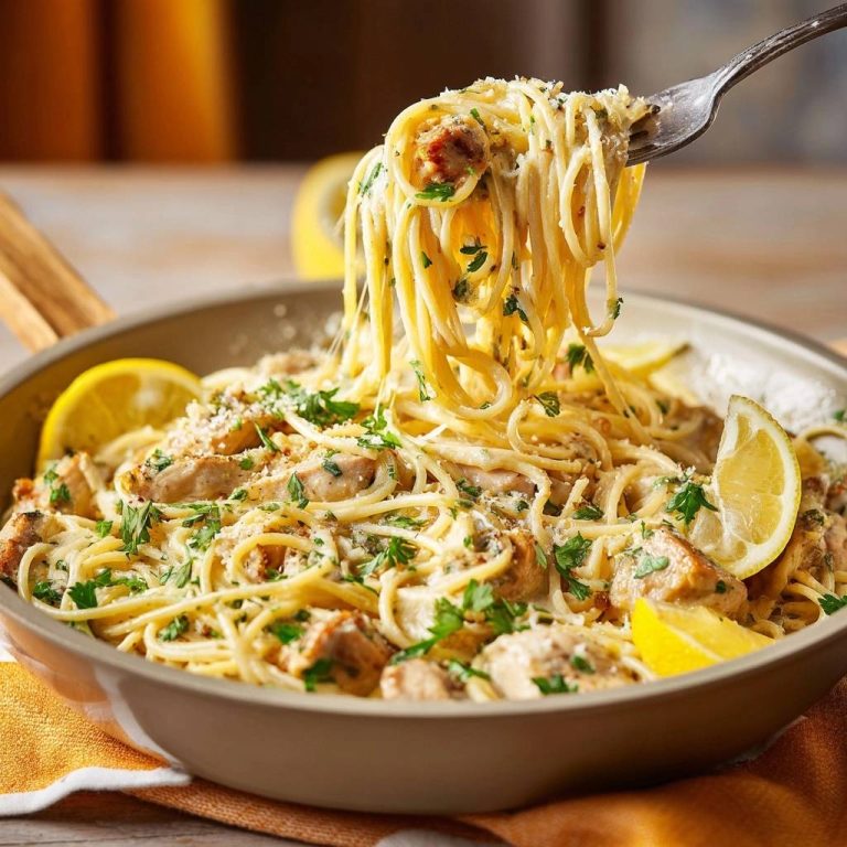 Cremige Zitronen-Hähnchen-Spaghetti mit einer Gabel hochgehoben, garniert mit Petersilie und Parmesan.