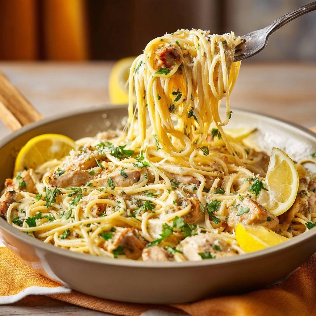 Cremige Zitronen-Hähnchen-Spaghetti mit einer Gabel hochgehoben, garniert mit Petersilie und Parmesan.