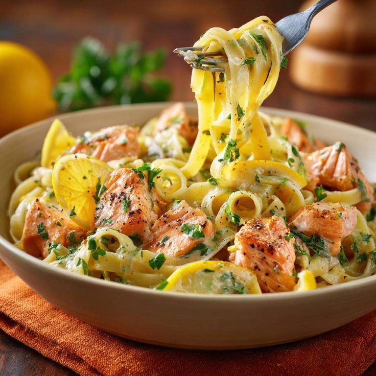 Cremige Zitronen-Lachs-Tagliatelle mit einer Gabel herausgenommen, mit frischer Petersilie und Zitronenscheiben garniert.