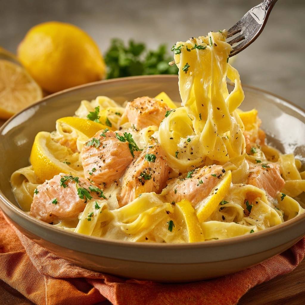 Cremige Zitronen-Lachs-Tagliatelle mit einer Gabel herausgenommen, detailreiche Nahaufnahme der Pasta und des Lachs.