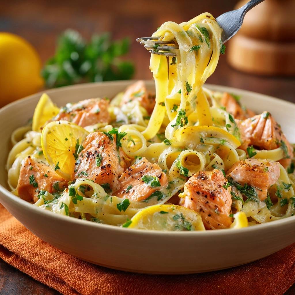 Cremige Zitronen-Lachs-Tagliatelle mit einer Gabel herausgenommen, mit frischer Petersilie und Zitronenscheiben garniert.