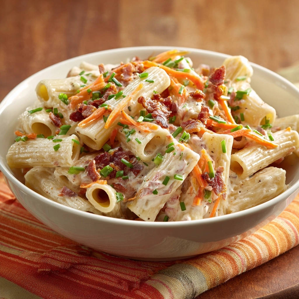 Cremiger Bacon-Nudelsalat mit Karotten, garniert mit Speck und Schnittlauch, in einer weißen Schüssel serviert