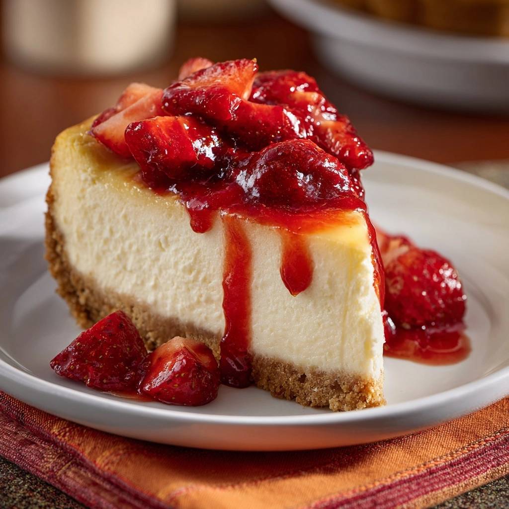 Cremiger Erdbeer-Cheesecake als einzelnes Stück auf einem Teller mit frischen Erdbeeren und Sauce garniert.