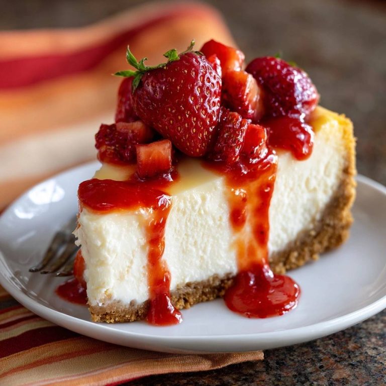 Cremiger Erdbeer-Cheesecake angeschnitten auf einem Teller, serviert mit frischen Erdbeeren und Erdbeersauce.