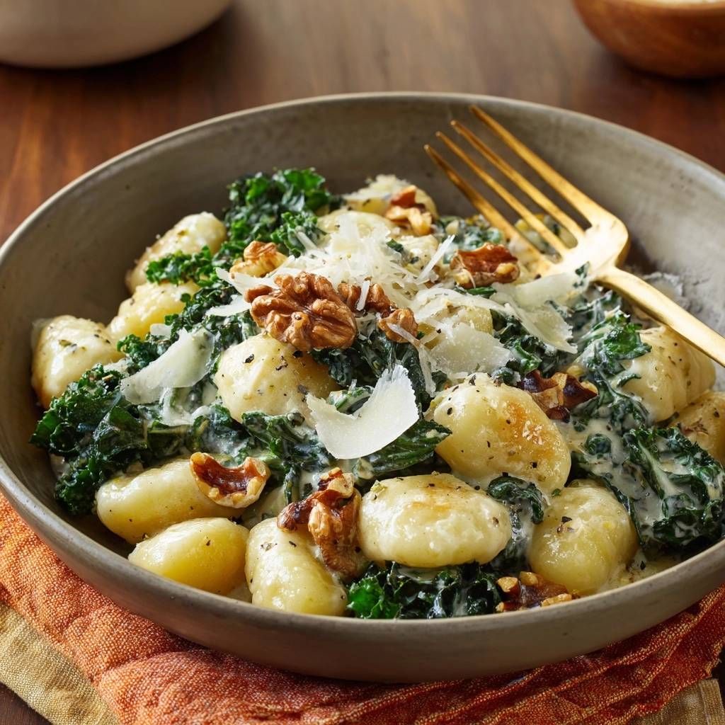 Cremiger Grünkohl mit Babykartoffeln, Walnüssen und Parmesan, detailreiche Nahaufnahme der cremigen Sauce mit Grünkohl und Nüssen.