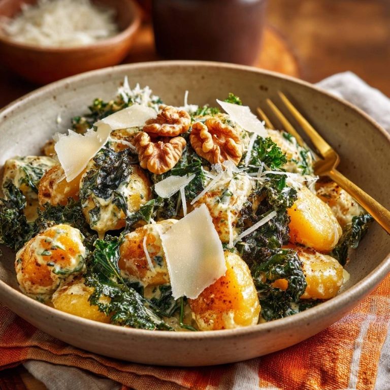 Cremiger Grünkohl mit Babykartoffeln, Walnüssen und Parmesan, garniert mit Parmesanspänen und Walnüssen, in einer Schüssel serviert.