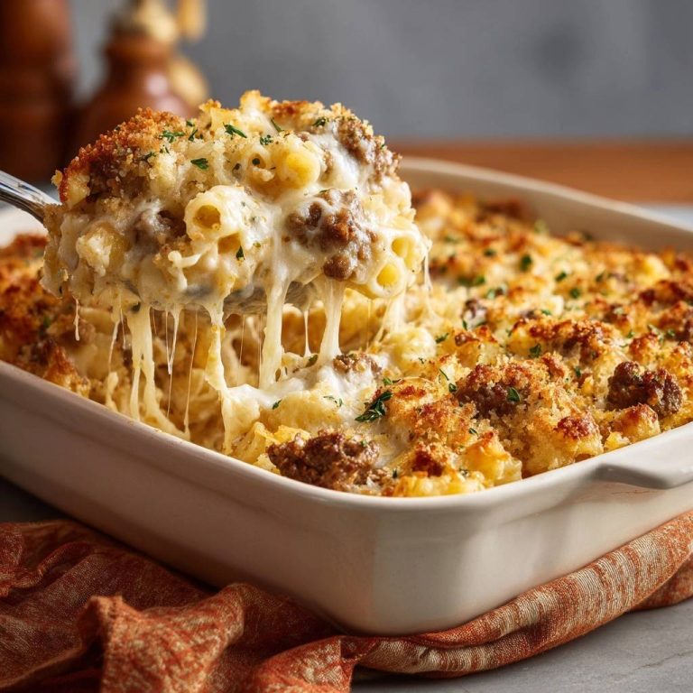 Cremig-knuspriger Hack-Mac-and-Cheese mit schmelzendem Käse, der von einer Gabel gezogen wird.