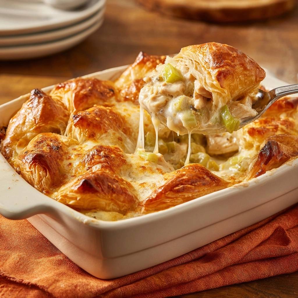 Cremiger Hähnchen-Lauch-Pie mit einem Spoon voll geschmolzenem Käse, nah aufgenommen aus leichtem Winkel.