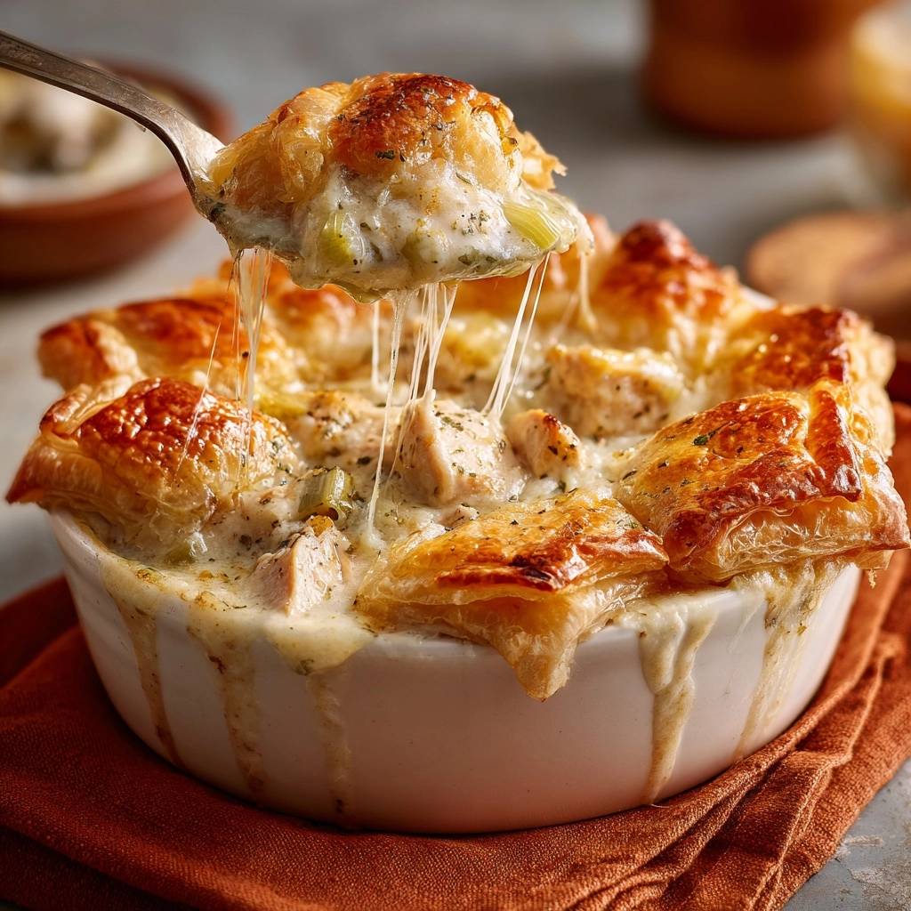 Cremiger Hähnchen-Lauch-Pie mit geschmolzenem Käse, der von einem Löffel herunterhängt.