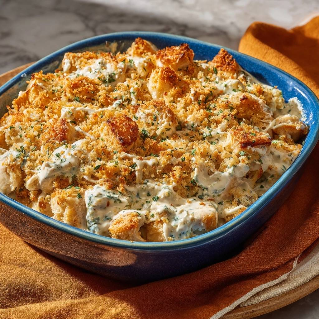 Cremiger Hähnchenauflauf mit knuspriger Kruste, Nahaufnahme der goldbraunen Kruste und der cremigen Füllung.