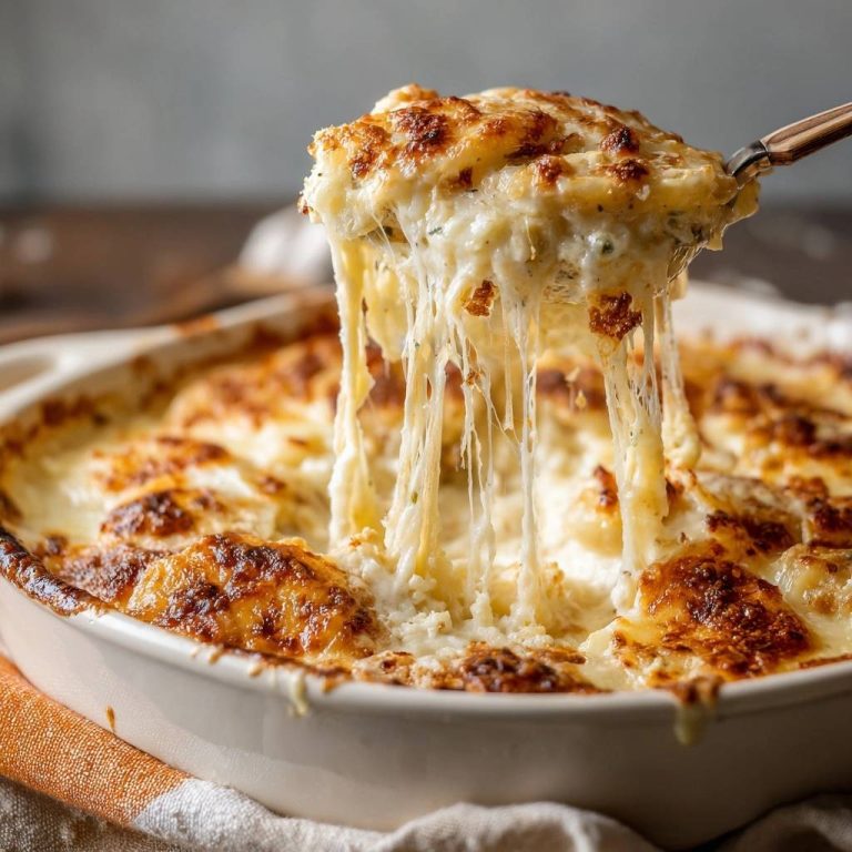 Cremiger Kartoffel-Käse-Gratin mit herrlich zartem, geschmolzenem Käse, der beim Anheben Fäden zieht.