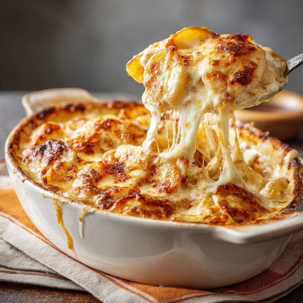 Cremiger Kartoffel-Käse-Gratin mit langen Käsefäden, die beim Anheben von der Kelle herunterhängen.