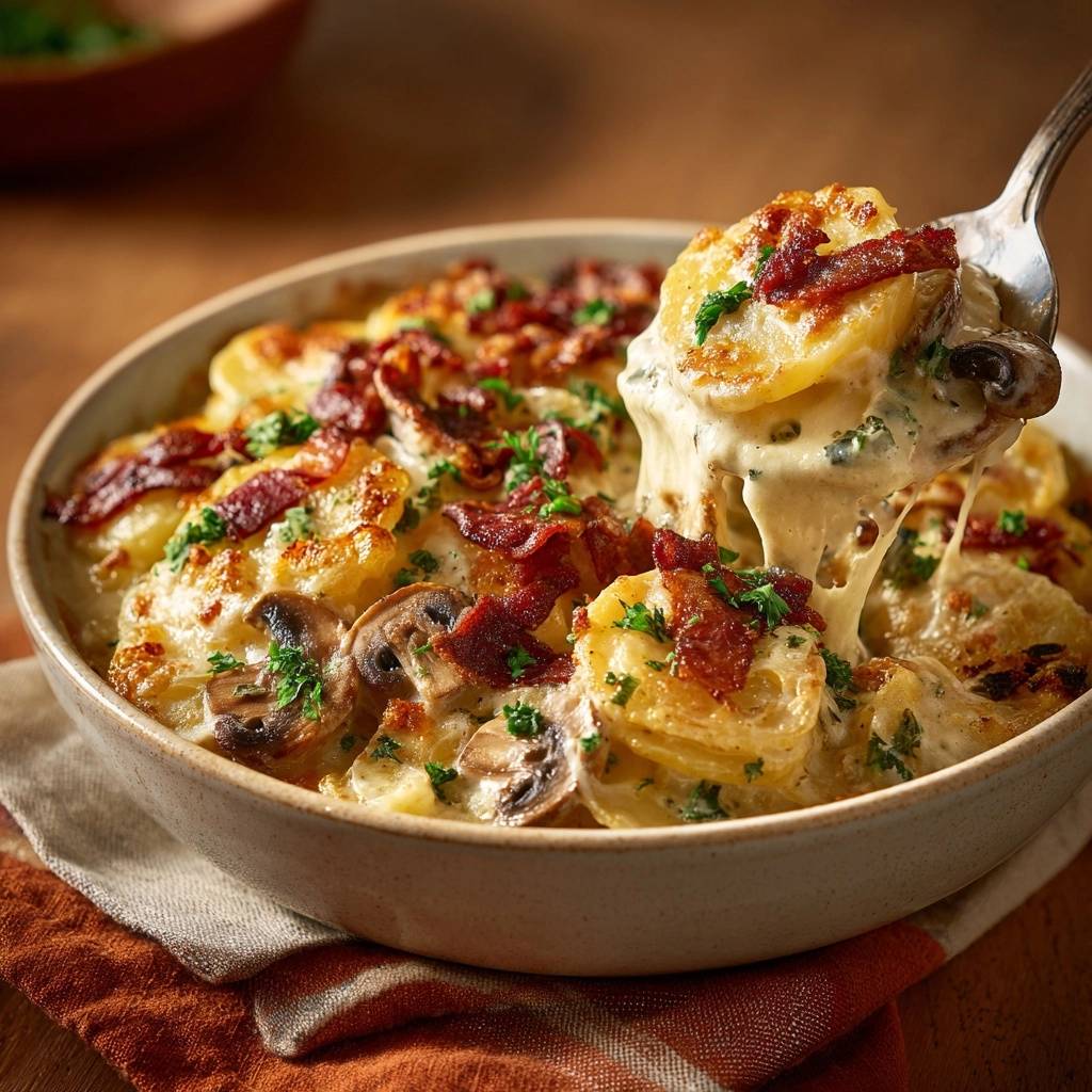 Cremiger Kartoffel-Pilz-Auflauf mit knusprigen Zwiebeln, ein Löffel mit geschmolzenem Käse wird herausgehoben