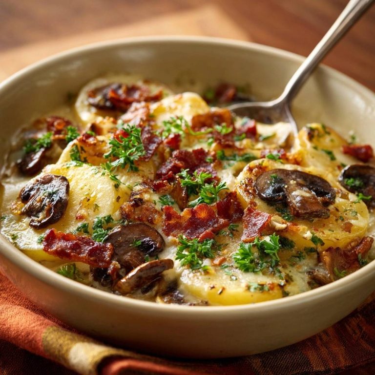 Cremiger Kartoffel-Pilz-Auflauf mit knusprigen Zwiebeln als Nahaufnahme mit Pilzen und Speck garniert.
