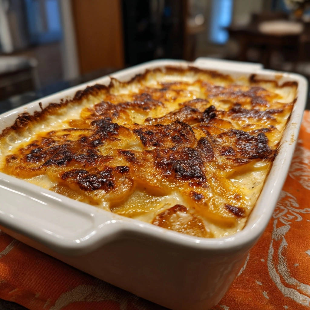 Cremiger Kartoffelgratin mit einer goldbraunen, leicht angebräunten Kruste in einer weißen Auflaufform.