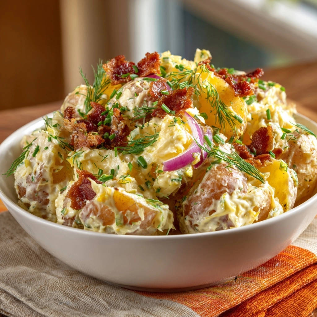 Cremiger Kartoffelsalat mit Speck und Dill, garniert mit frischen Kräutern und roten Zwiebeln, in einer weißen Schüssel serviert.