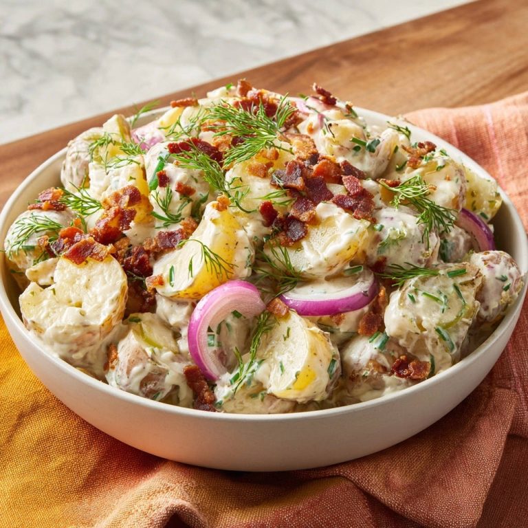 Cremiger Kartoffelsalat mit Speck und Dill, garniert mit frischem Dill und roten Zwiebeln, in einer weißen Schüssel serviert.