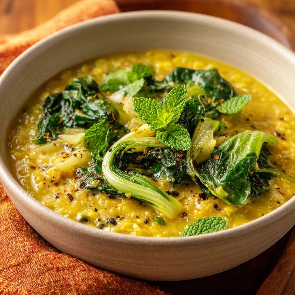 Cremiger gelber Linsen-Dal mit Spinat, Pak Choi und Minze, detailreich garniert mit Gewürzen.