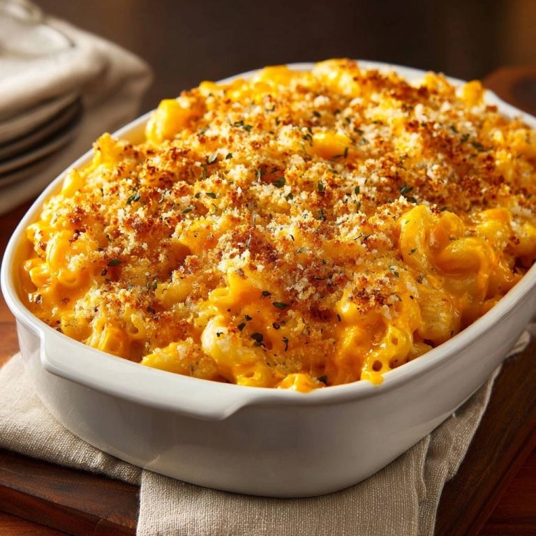 Cremiger Mac and Cheese Auflauf, frisch gebacken und mit einer goldbraunen Kruste aus Paniermehl und Kräutern garniert, in einer weißen Auflaufform serviert.