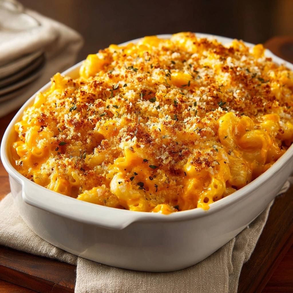 Cremiger Mac and Cheese Auflauf, frisch gebacken und mit einer goldbraunen Kruste aus Paniermehl und Kräutern garniert, in einer weißen Auflaufform serviert.