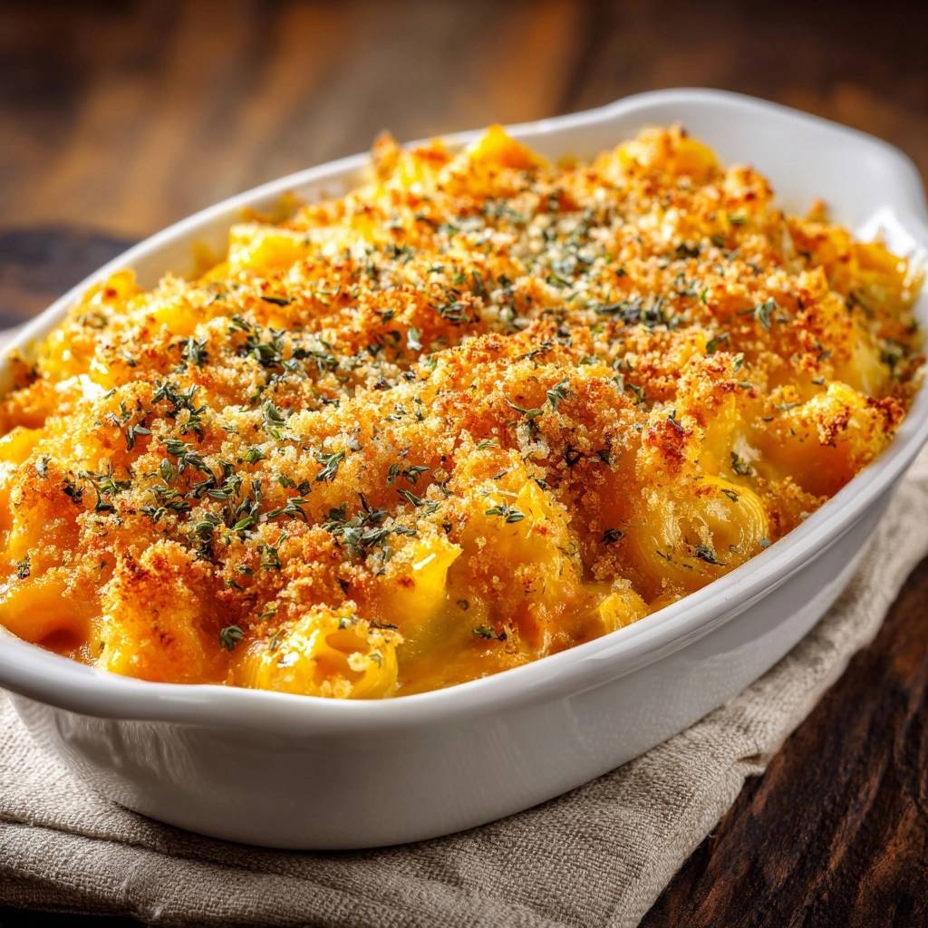 Cremiger Mac and Cheese Auflauf mit knuspriger Kruste und Kräutern, eine Nahaufnahme des gebackenen Gerichts.
