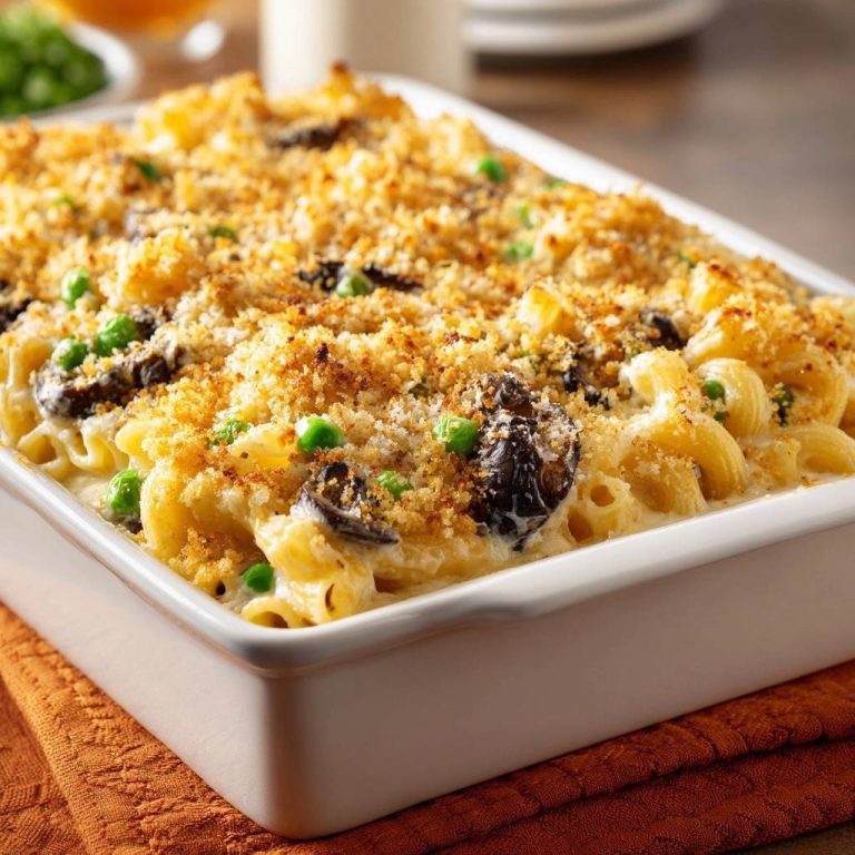 Cremiger Mac and Cheese Auflauf mit Pilzen und Erbsen, detailreiche Nahaufnahme des goldbraunen Toppings mit Erbsen und Pilzen.