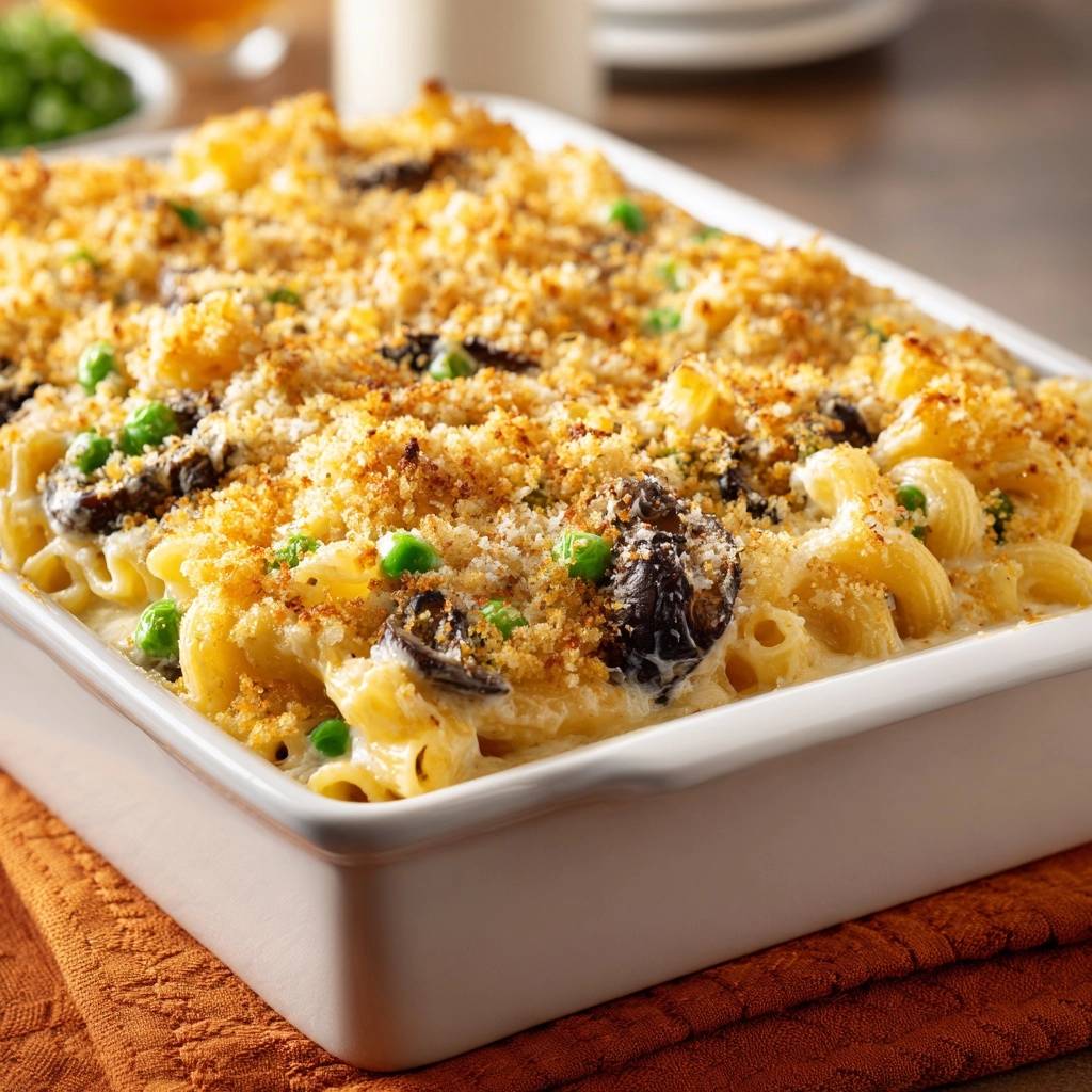 Cremiger Mac and Cheese Auflauf mit Pilzen und Erbsen, detailreiche Nahaufnahme des goldbraunen Toppings mit Erbsen und Pilzen.
