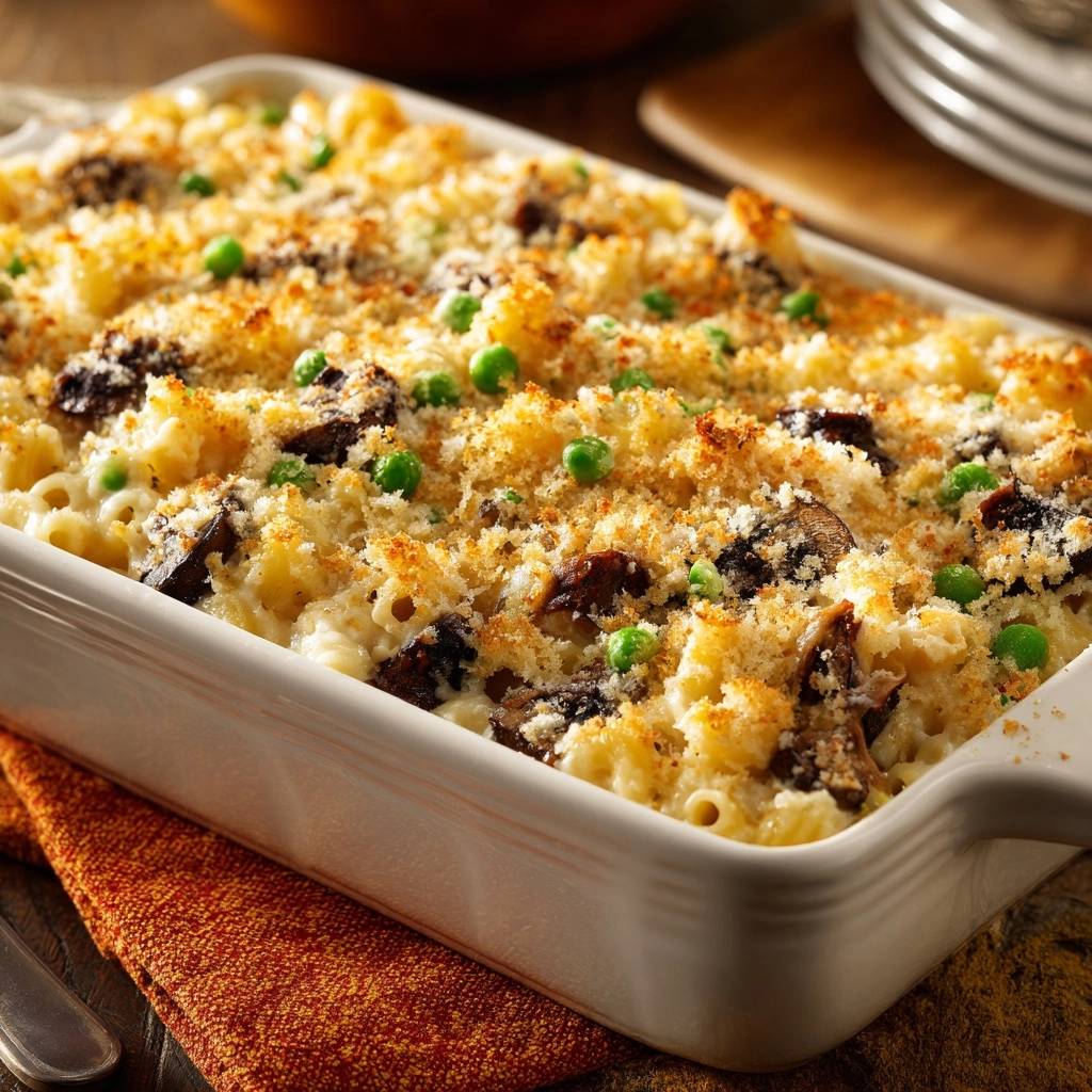 Cremiger Mac and Cheese Auflauf mit Pilzen und Erbsen, nahaufnahme der gebackenen Oberfläche mit knuspriger Kruste und grünen Erbsen.