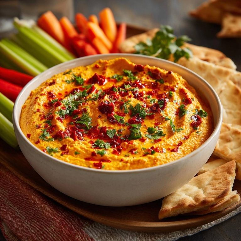 Cremiger Paprika-Hummus mit frischer Petersilie und Chili garniert, serviert mit Gemüsesticks und Fladenbrot.