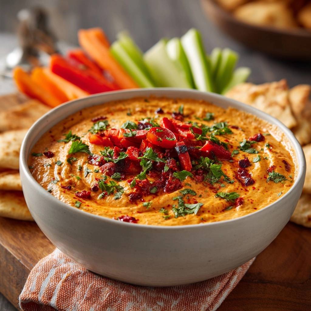 Cremiger Paprika-Hummus garniert mit frischen Kräutern und Paprikastückchen, serviert mit Gemüsesticks und Pitabrot.