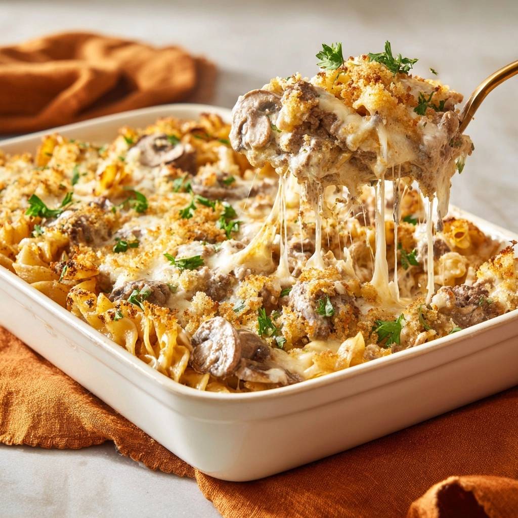 Cremiger Pilz-Fusilli-Auflauf mit knuspriger Kruste, serviert mit Fäden von geschmolzenem Käse, die von einer Gabel gezogen werden.