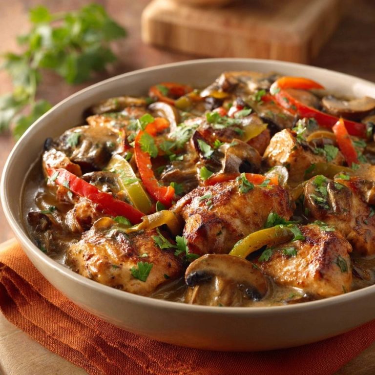 Cremiges Hähnchen mit Pilzen und Paprika in einer Schüssel, als Nahaufnahme mit frischer Petersilie garniert.