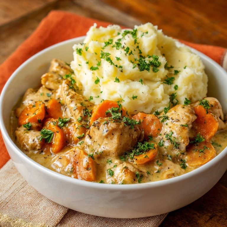 Cremiges Hähnchenragout mit Kartoffelpüree in einer Schüssel, Nahaufnahme mit gehackter Petersilie garniert.