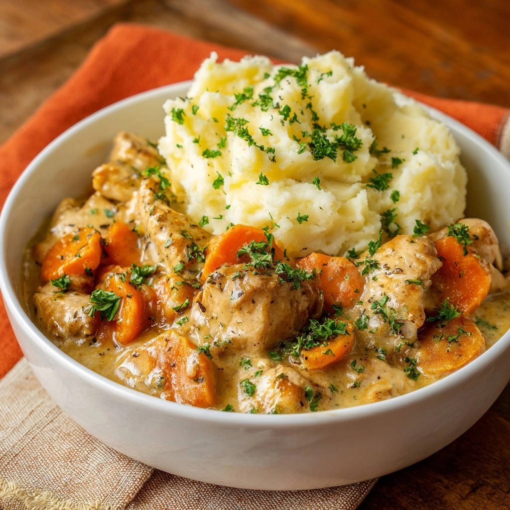 Cremiges Hähnchenragout mit Kartoffelpüree in einer Schüssel, Nahaufnahme mit gehackter Petersilie garniert.