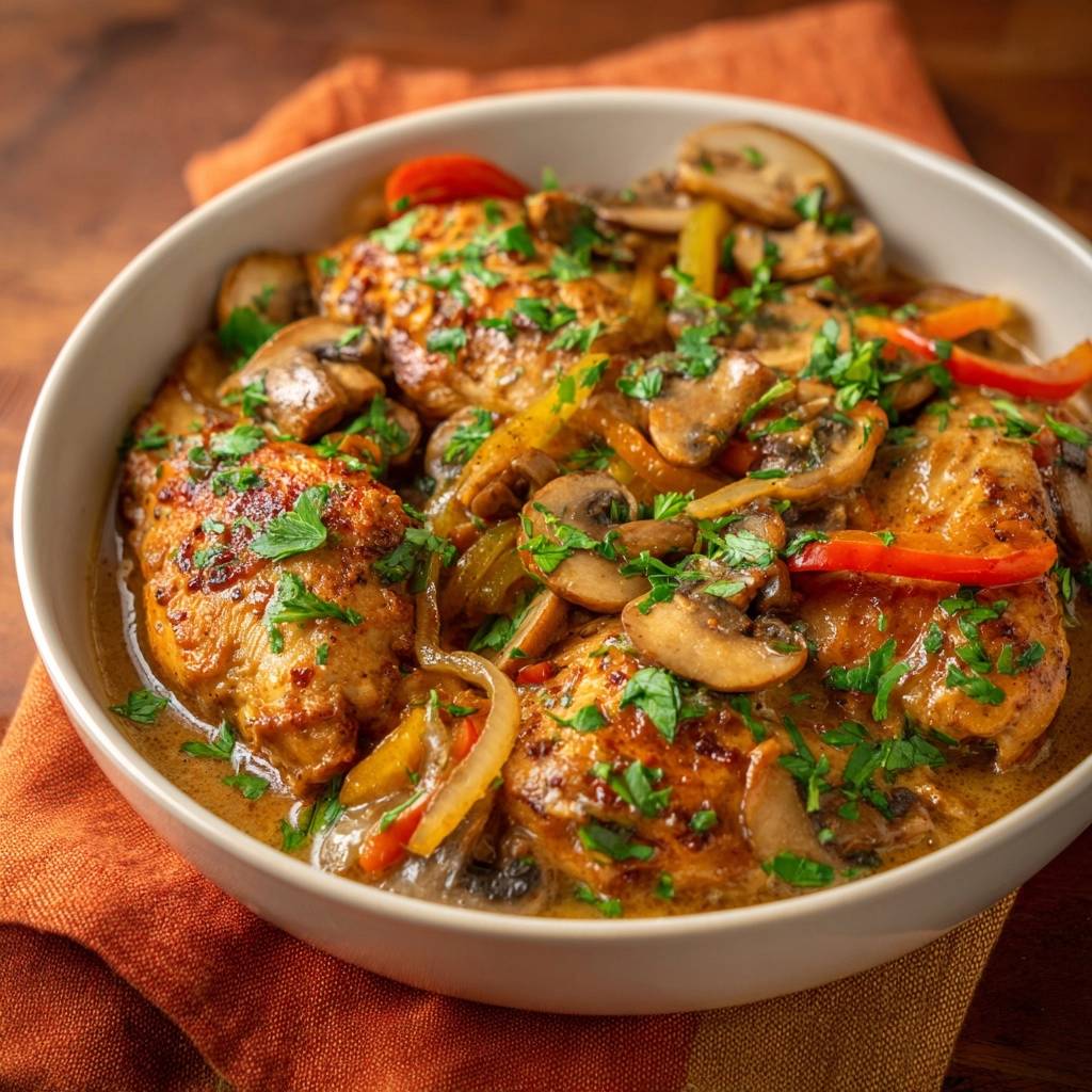 Cremiges Hähnchen mit Pilzen und Paprika, serviert in einer Schüssel, mit gehackter Petersilie garniert und Nahaufnahme der Soßenkonsistenz.