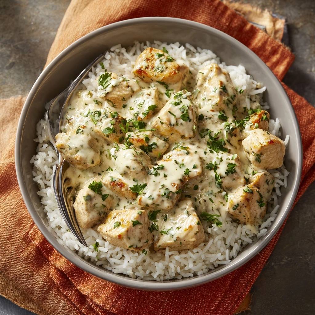 Cremiges Hähnchen mit Reis, eine Nahaufnahme des saftigen Hähnchens in cremiger Sauce, garniert mit Petersilie.