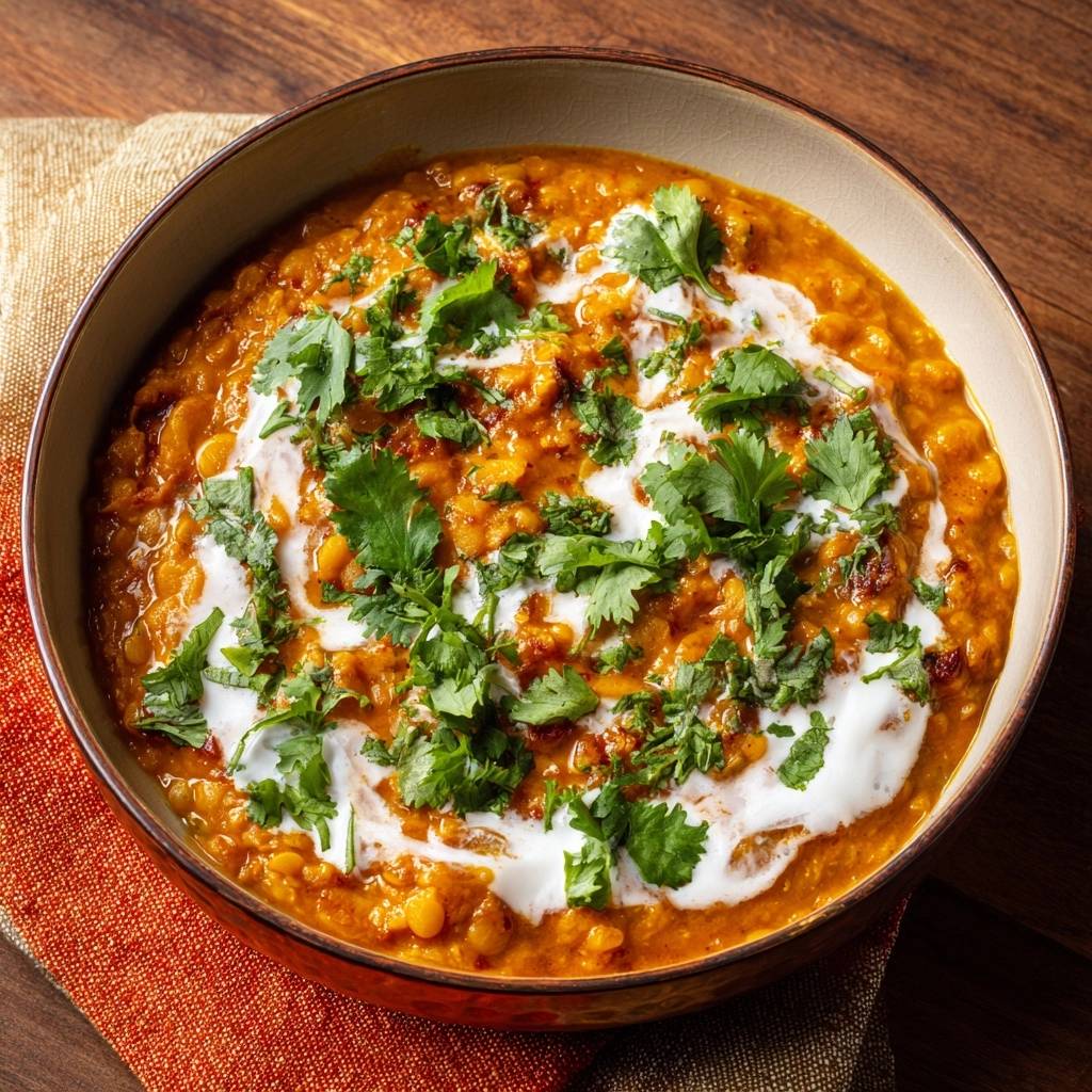 Cremiges rotes Dal mit Koriander und einem Klecks weißer Soße, serviert in einer Schüssel auf einem Holztisch.