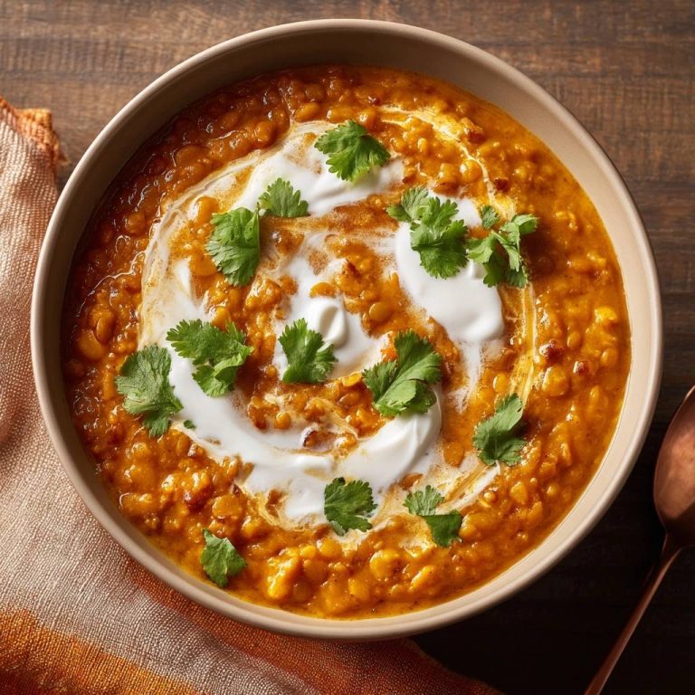 Cremiges rotes Dal, garniert mit frischem Koriander und einem Klecks Joghurt, serviert in einer Schüssel.