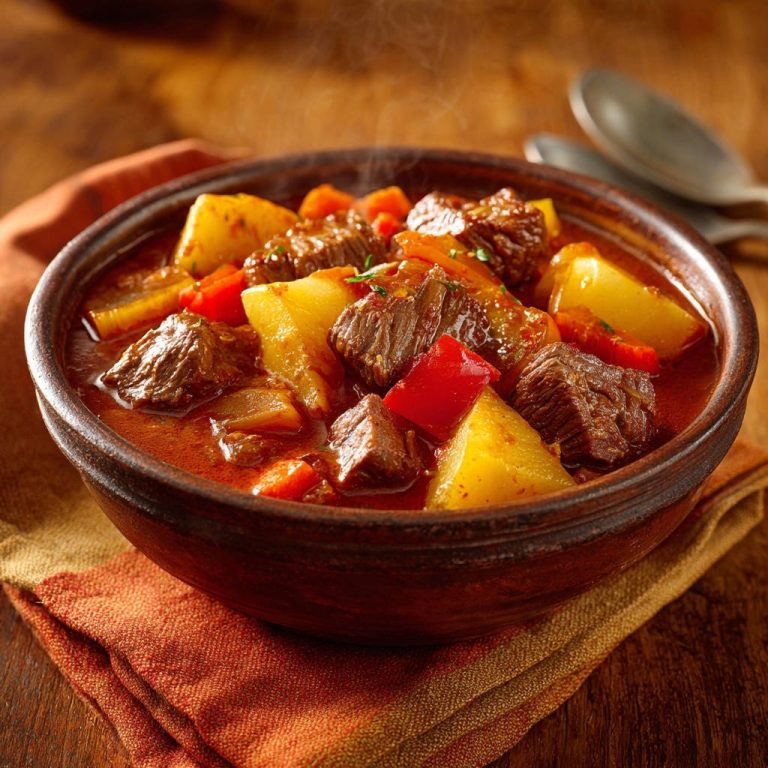 Deftiger Rindereintopf mit zartem Fleisch und Kartoffeln, aus dem heißer Dampf aufsteigt.