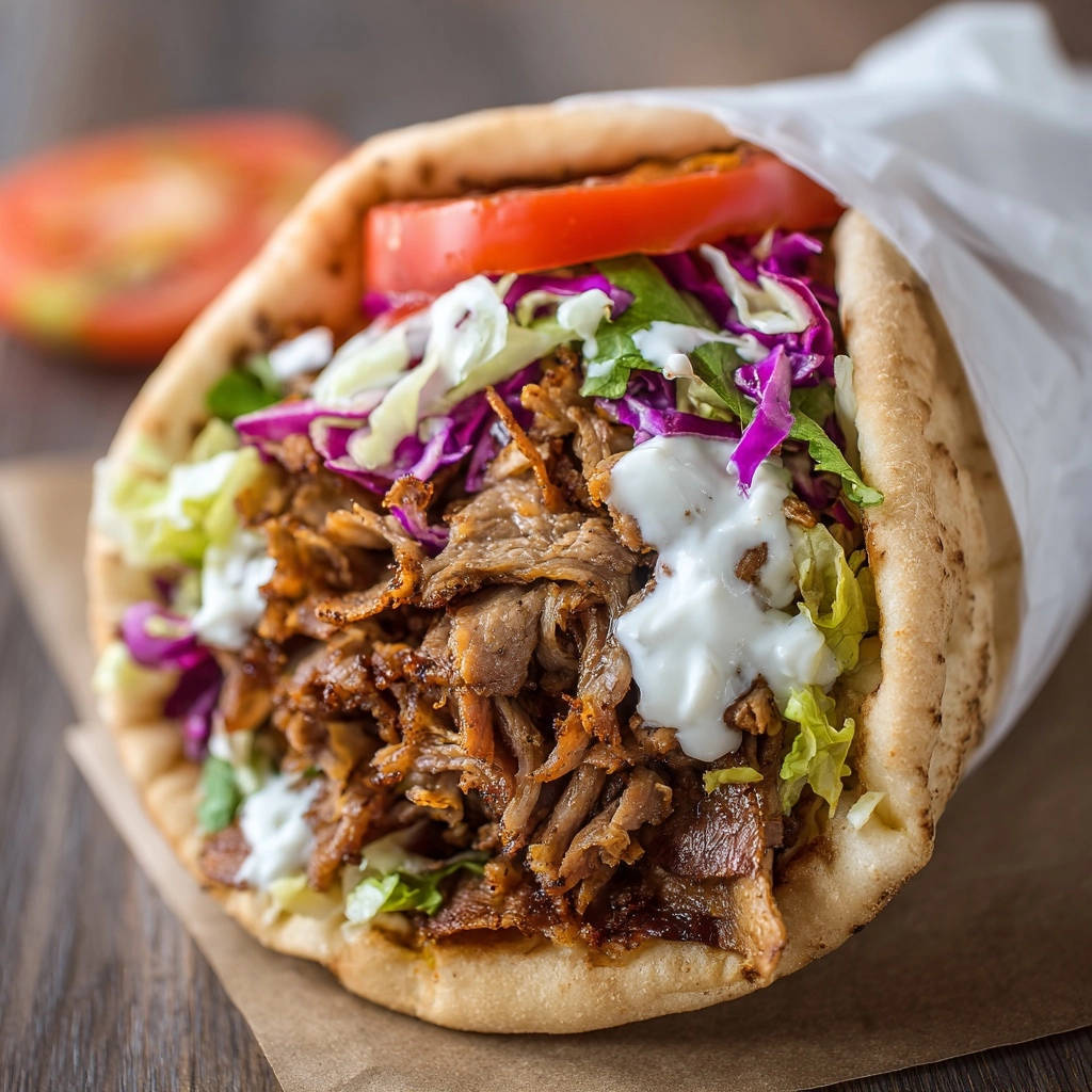 Saftiger Döner Wrap für Zuhause, Nahaufnahme mit Fokus auf das zarte Fleisch und frisches Gemüse, umhüllt von Fladenbrot.