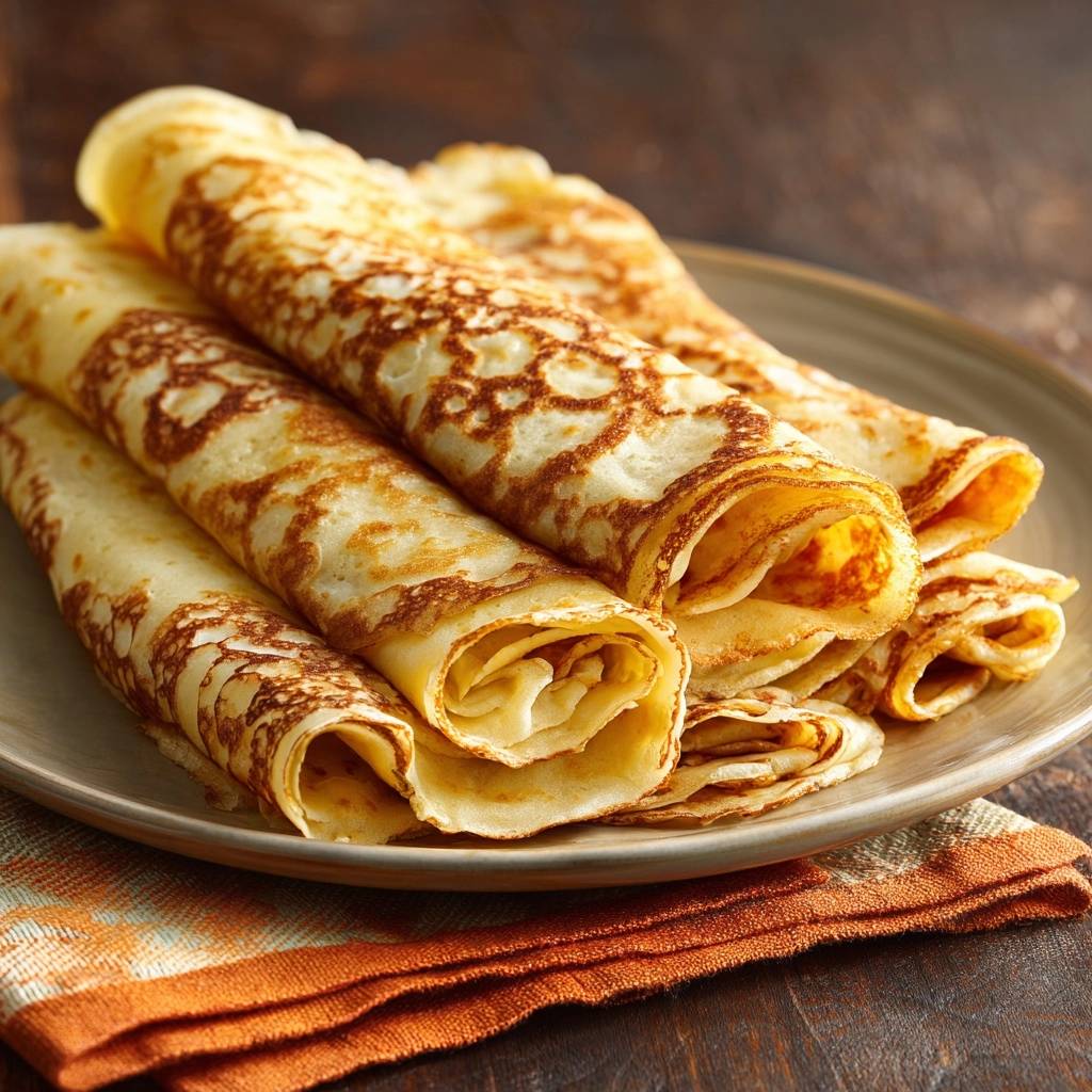 Dünne Pfannkuchen, aufgerollt auf einem Teller, mit einer Nahaufnahme der interessanten Textur und goldbraunen Ränder.