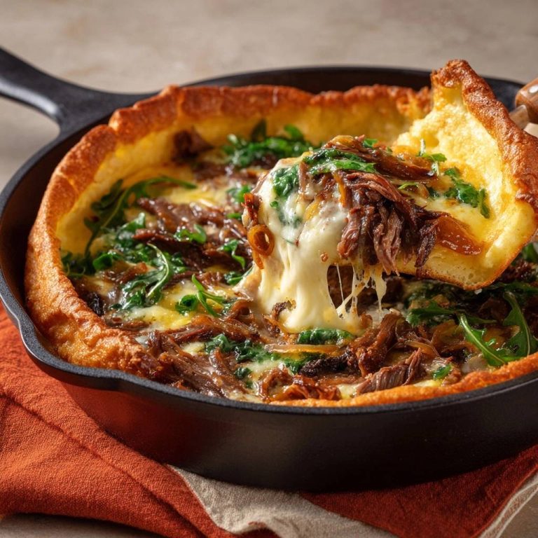 Dutch Baby mit pulled Rindfleisch, Zwiebeln und Rucola, eine Portion mit geschmolzenem Käse wird aus der Pfanne gehoben.