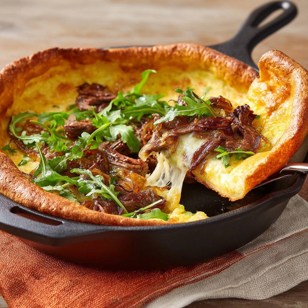 Dutch Baby mit pulled Rindfleisch, Zwiebeln und Rucola, mit geschmolzenem Käse, der beim Anheben herausgezogen wird.
