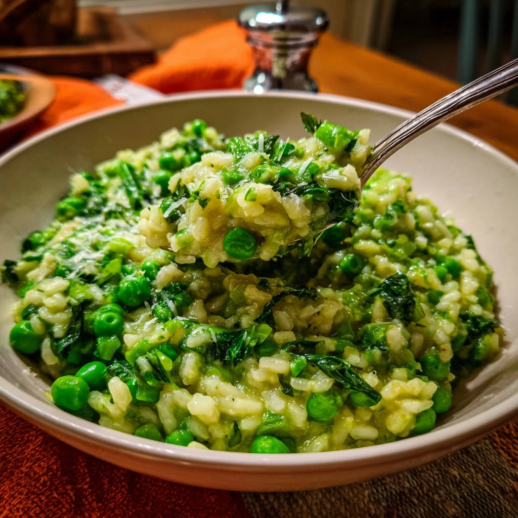 Cremiges Erbsen-Spinat-Risotto, eine Löffelaufnahme zeigt die cremige Konsistenz mit Erbsen und Spinat.