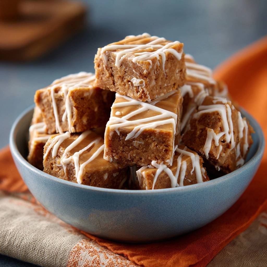 Erdnussbutter-Mandel-Fudge-Riegel in einer blauen Schüssel mit weißer Glasur, Nahaufnahme.